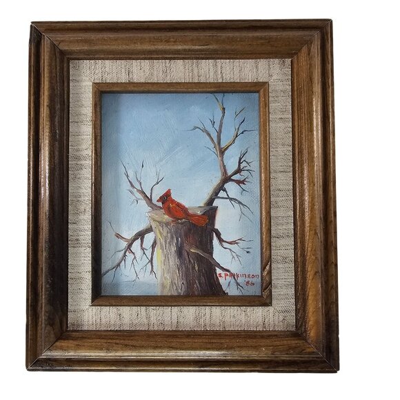 Vintage 1986 S. Parkinson Cardinal Bird Painting In Wooden Frame - Picture 1 of 9